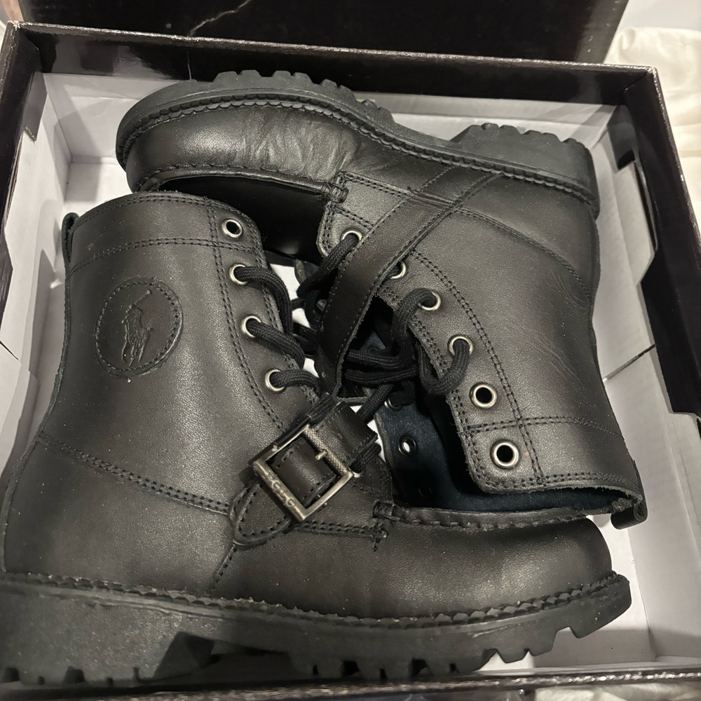 Polo Ralph Lauren Ranger Hi II black leather Boots new grade school Youth Boys